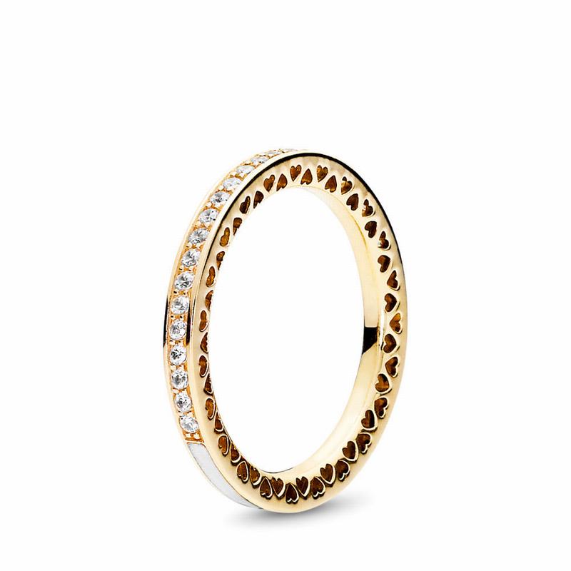 Pandora Radiant Hearts Stackable Ring Ireland - Yellow Gold 14 K/Enamel/White/Cubic Zirconia - 23045